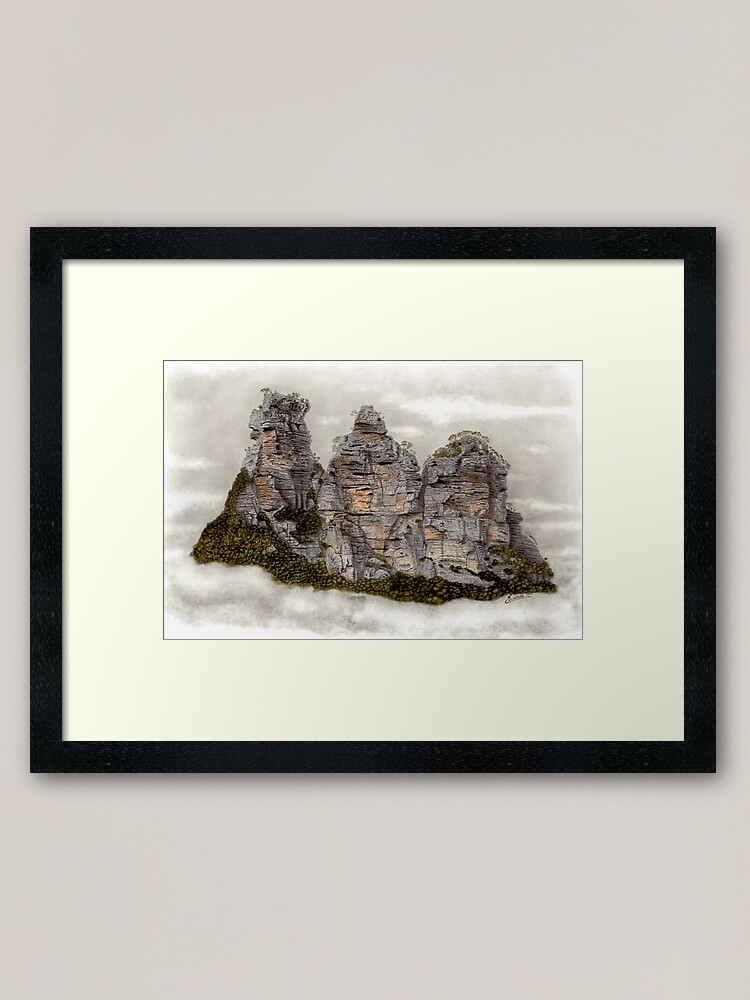 Thumbnail 2 of 7, Framed Art Print, III Three Sisters Blue Mountains Original Watercolour Pencil Drawing designed and sold by InmaVassar.