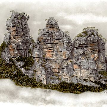 Artwork thumbnail, III Three Sisters Blue Mountains Original Watercolour Pencil Drawing by Inma Vassar