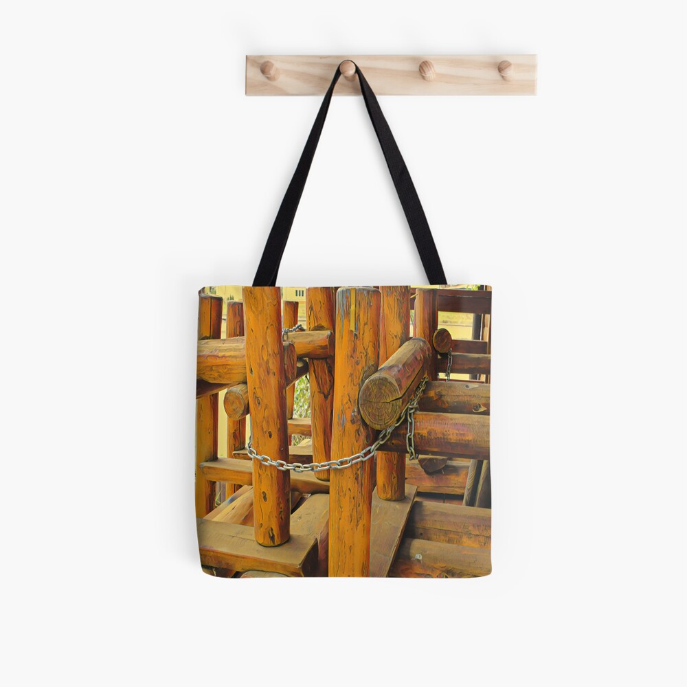 Wooden logs tighten with metal chains, save the nature concept, original painting Tote Bag