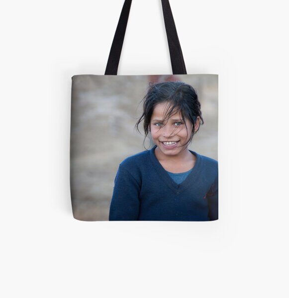 Happy Young Girl in Nepal Far West All Over Print Tote Bag