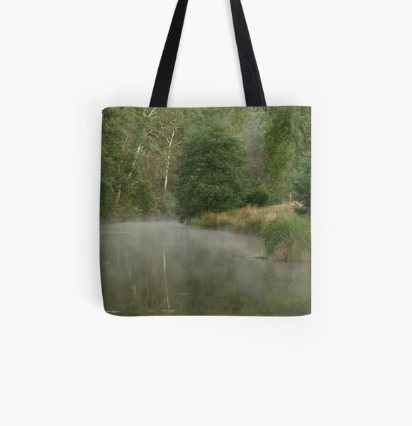 Joe Mortelliti Gallery - Morning mist on the Crooked River, near Talbotville, alpine Victoria, Australia. All Over Print Tote Bag