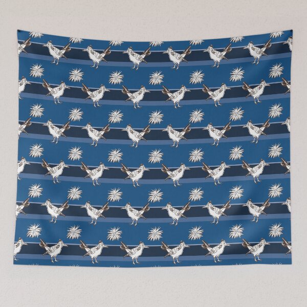Item preview, Pattern of white birds and agave bushes on blue stripes designed and sold by colorofmagic.