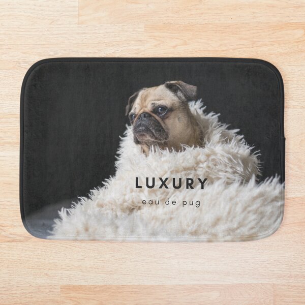 Item preview, Luxury eau de pug background, Beige pug, fur coat, pug in a rug, designed and sold by AMS-ART.