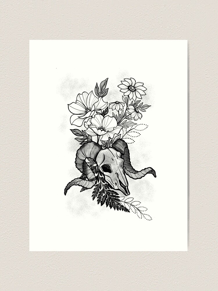 ram skull flower tattoo