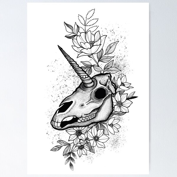 Item preview, Unicorn skull with Flowers Illustration designed and sold by SUPERSTEA.