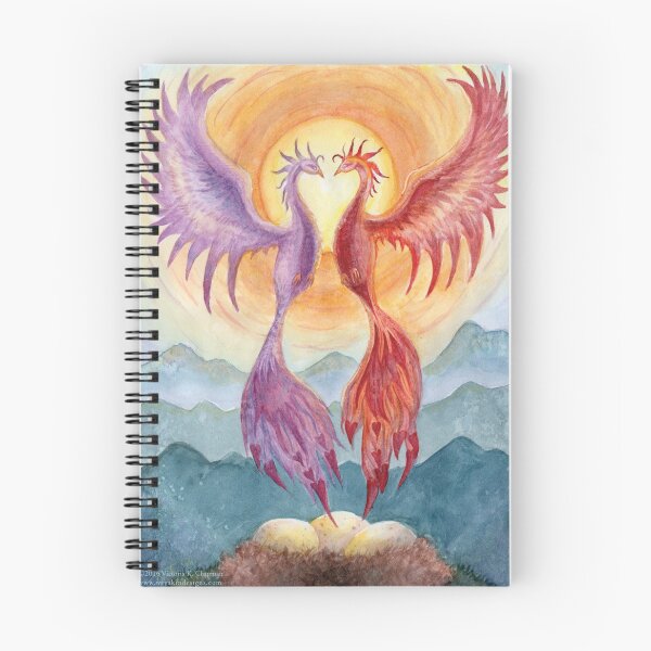 Aperçu de l'œuvre "Phoenix Hearts" Fire Birds in Love with Sunrise, Mountains, and Nest, Original Aquarelle par Victoria K. Chapman créée et vendue par Victoria K. Chapman.