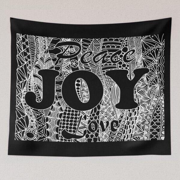 Item preview, Peace, Joy, Love, White Zentangle Design on Black Background  designed and sold by Mimsartprojects.
