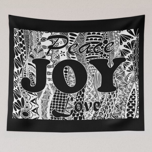 Item preview, Peace, Joy, Love, White Zentangle Design on Black Background  designed and sold by Mimsartprojects.