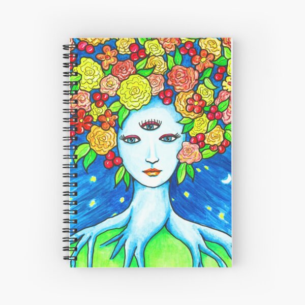 Tree Spirit with Berries and Flowers Watercolor Illustration Spiral Notebook