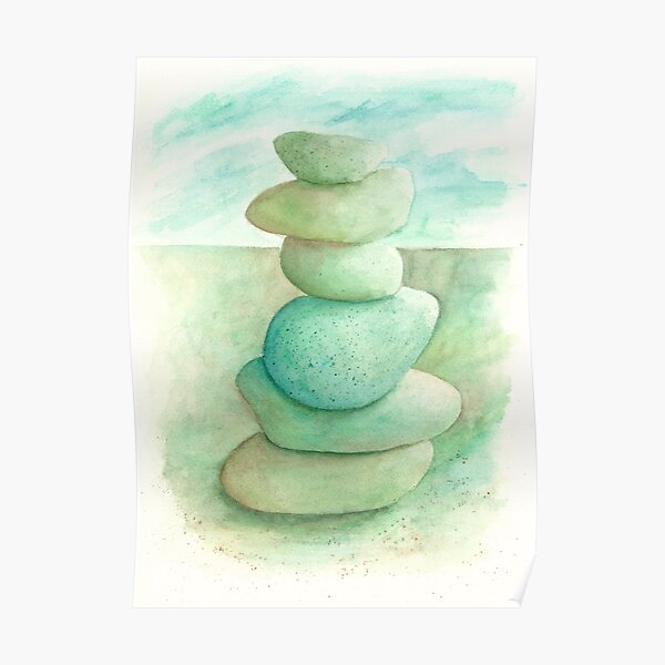 Blue, Green, and Brown Cairn on Beach Watercolor Poster