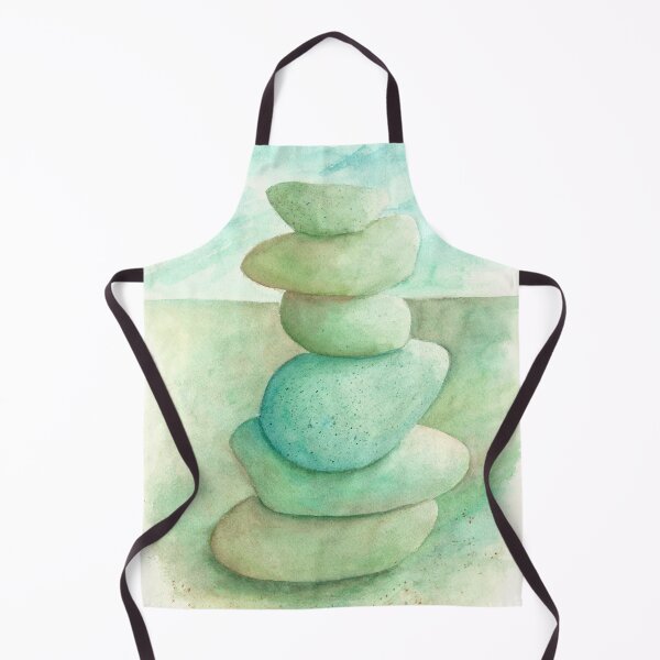 Blue, Green, and Brown Cairn on Beach Watercolor Apron