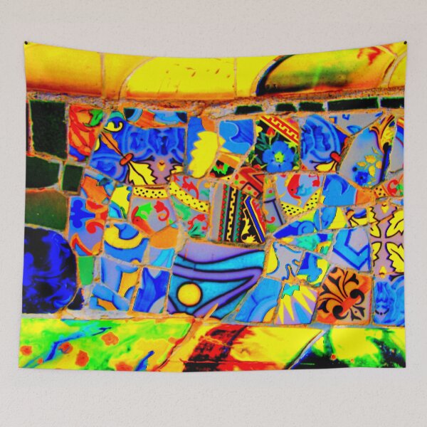 Item preview, Colorful Park Guell Gaudi Barcelona Spain trencadis mosaic yellow and blue designed and sold by LolioGifts.