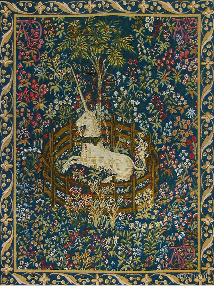 Medieval Unicorn Floral Tapestry Framed Mini Art Print by