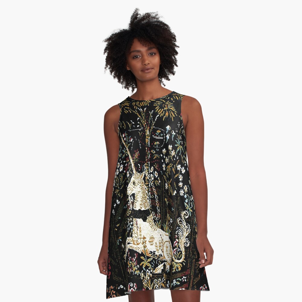 Medieval Unicorn Floral Tapestry A-Line Dress for Sale by epitomegirl