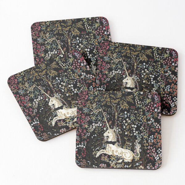 The Unicorn in Captivity Black Floral Tapestry Coasters (Set of 4)