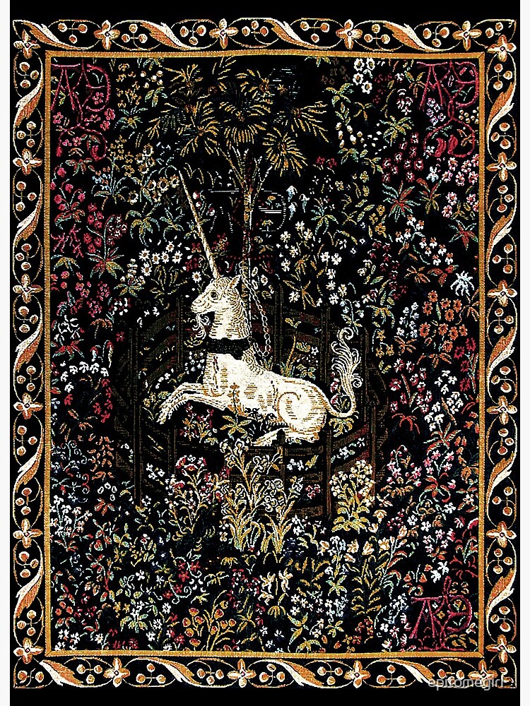 The Unicorn in Captivity Black Floral Tapestry Art Board Print