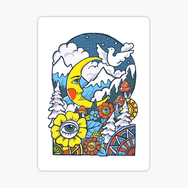 Moon, mountains, mushrooms - retro 60s forests and flowers Sticker