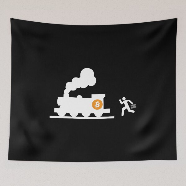 Item preview, bitcoin chasing the train black background humor fun designed and sold by sex-sansbol.