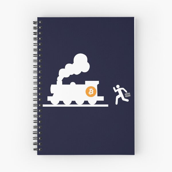 Item preview, bitcoin chasing the train navy blue background humor fun designed and sold by sex-sansbol.