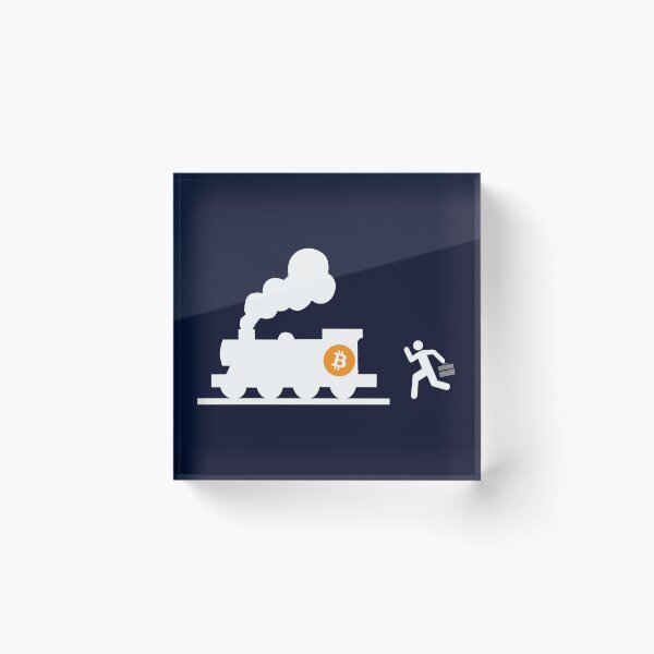 Item preview, bitcoin chasing the train navy blue background humor fun designed and sold by sex-sansbol.