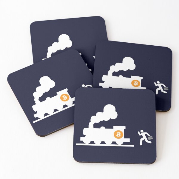 Item preview, bitcoin chasing the train navy blue background humor fun designed and sold by sex-sansbol.