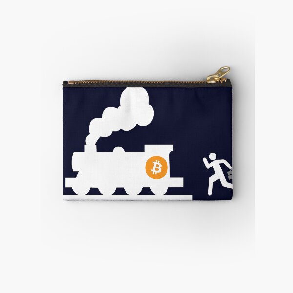 Item preview, bitcoin chasing the train navy blue background humor fun designed and sold by sex-sansbol.