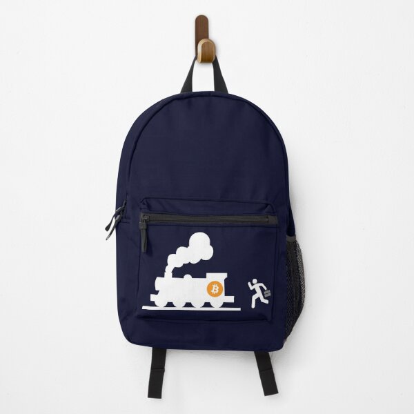 Item preview, bitcoin chasing the train navy blue background humor fun designed and sold by sex-sansbol.