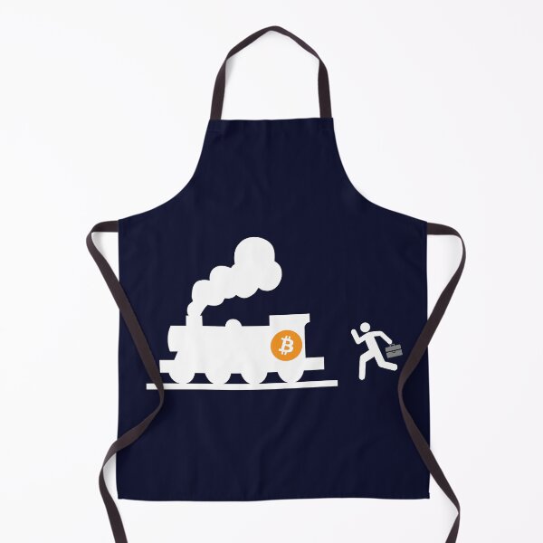 Item preview, bitcoin chasing the train navy blue background humor fun designed and sold by sex-sansbol.