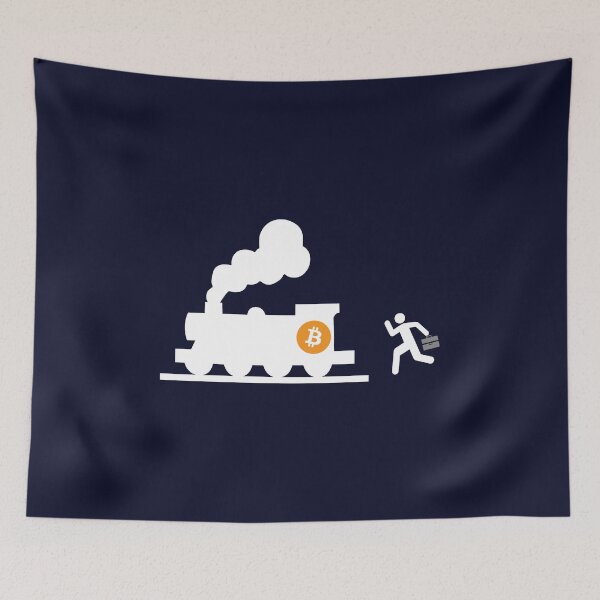 Item preview, bitcoin chasing the train navy blue background humor fun designed and sold by sex-sansbol.