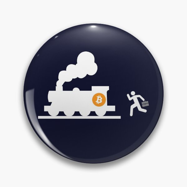 Item preview, bitcoin chasing the train navy blue background humor fun designed and sold by sex-sansbol.