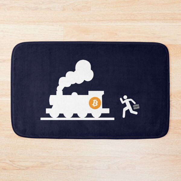 Item preview, bitcoin chasing the train navy blue background humor fun designed and sold by sex-sansbol.