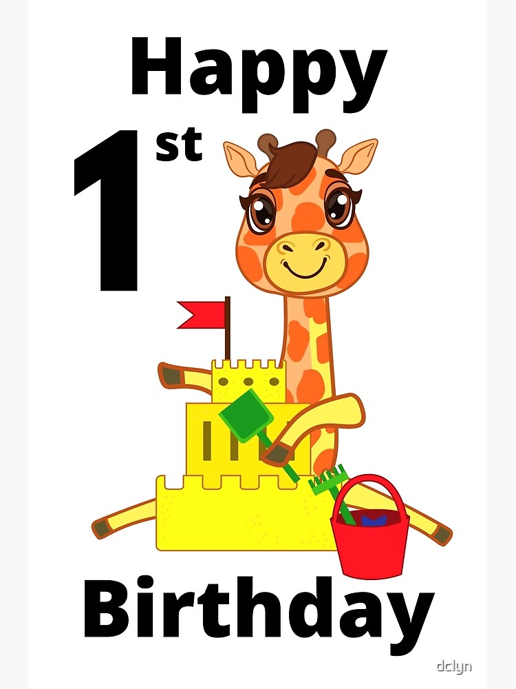 Póster «Feliz 1er cumpleaños con linda jirafa jugando en el castillo de ...