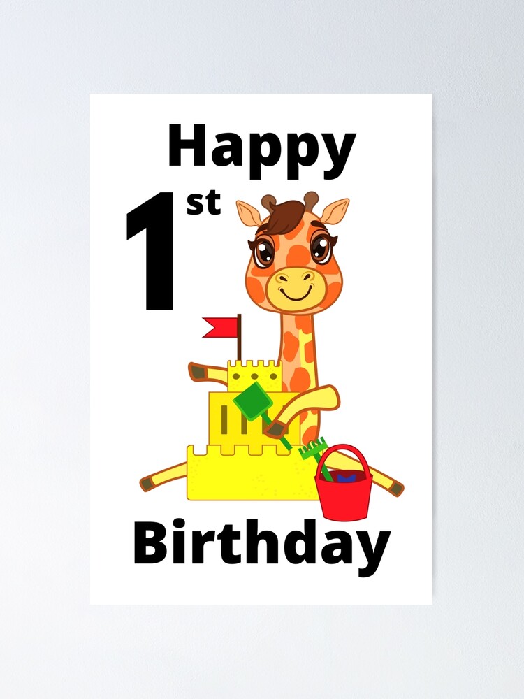 Póster «Feliz 1er cumpleaños con linda jirafa jugando en el castillo de ...