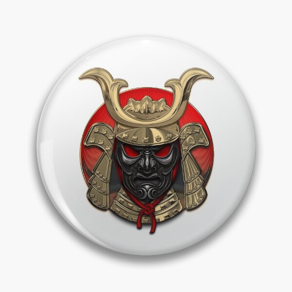 Artikelvorschau, Japanische Samurai-Domaru-Rüstung, Kopfbedeckung – goldener Samurai-Helm mit schwarzer Gesichtsmaske über weißem Leder entworfen und verkauft von Serge Averbukh Art Studio.