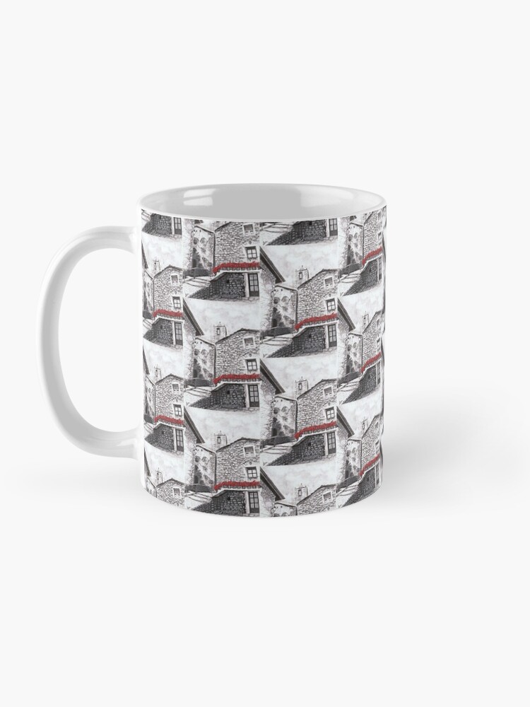 Thumbnail 3 of 6, Coffee Mug, Original Black and White Pencil Drawing with Red Painted Geraniums designed and sold by InmaVassar.