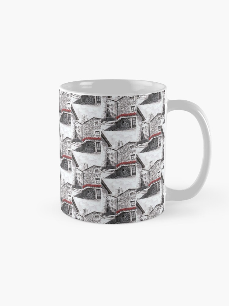 Thumbnail 5 of 6, Coffee Mug, Original Black and White Pencil Drawing with Red Painted Geraniums designed and sold by InmaVassar.
