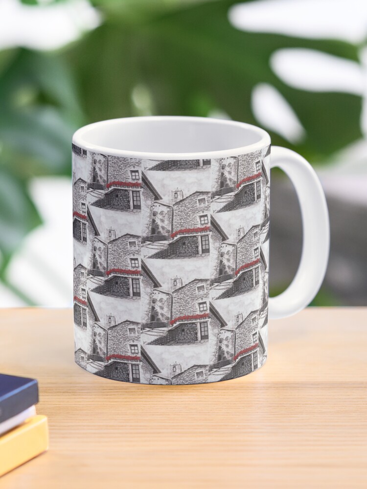 Thumbnail 1 of 6, Coffee Mug, Original Black and White Pencil Drawing with Red Painted Geraniums designed and sold by InmaVassar.