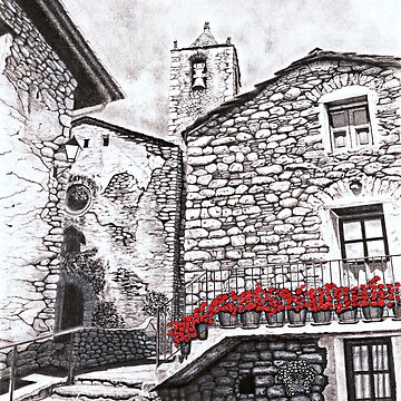 Artwork thumbnail, Original Black and White Pencil Drawing with Red Painted Geraniums by Inma Vassar