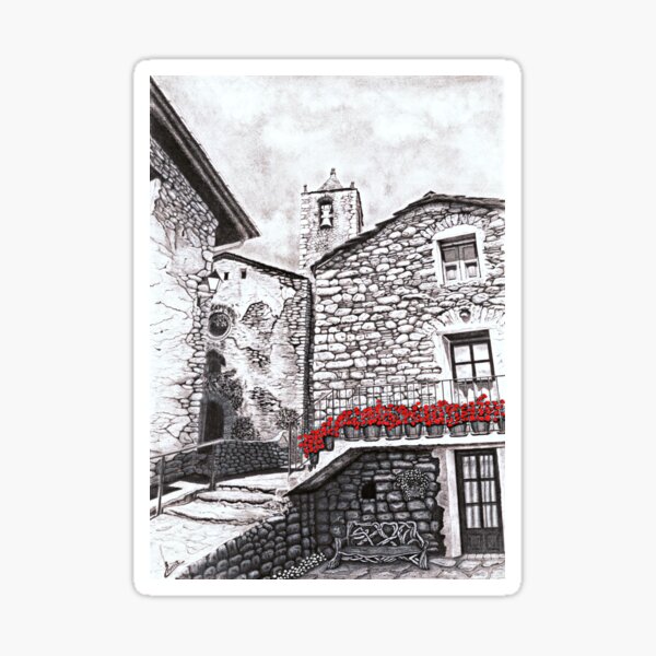 Original Black and White Pencil Drawing with Red Painted Geraniums Sticker