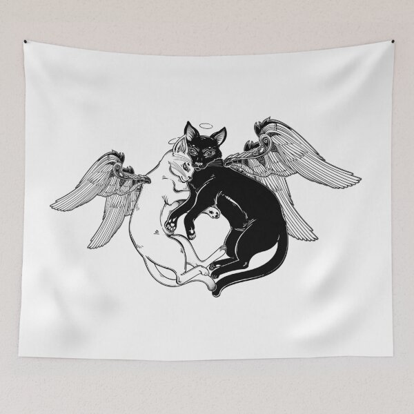 Item preview, Black and white cat with angel wings in tender hug of opposites. designed and sold by quantaarcana.