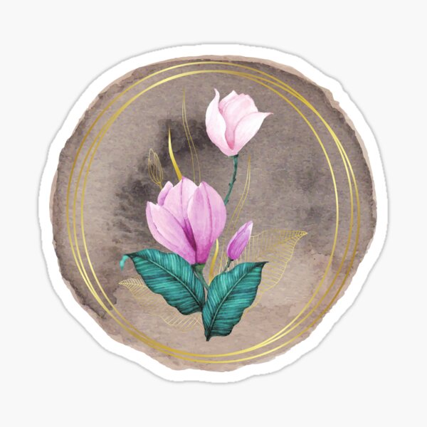 Item preview, Pink Flower- Watercolor Painting - Gold Circle and Leaves designed and sold by ArtStore20.