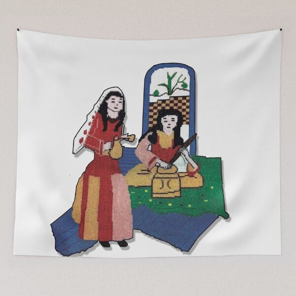 Item preview, women holding coffee cup and the other preparing the coffee seeds Palestinian Traditional Tatreez Embroidery Design designed and sold by Venus Palestine.