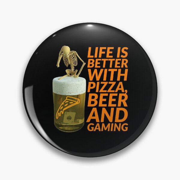 Item preview, life is better with pizza, beer and gaming. skeleton, ace of spade card pizza soaked in a glass of beer designed and sold by doctors-apparel.