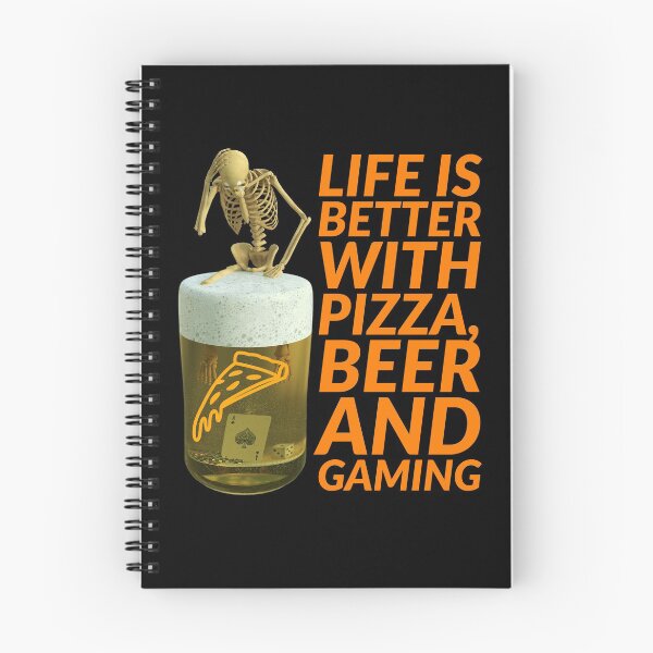 Item preview, life is better with pizza, beer and gaming. skeleton, ace of spade card pizza soaked in a glass of beer designed and sold by doctors-apparel.