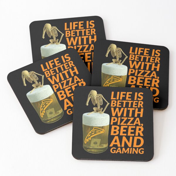 Item preview, life is better with pizza, beer and gaming. skeleton, ace of spade card pizza soaked in a glass of beer designed and sold by doctors-apparel.