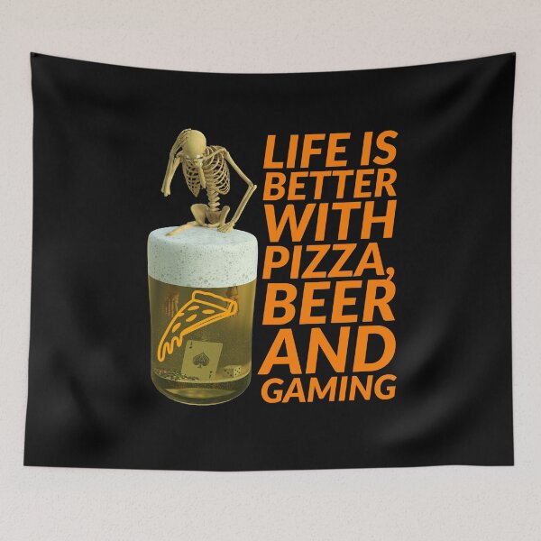 Item preview, life is better with pizza, beer and gaming. skeleton, ace of spade card pizza soaked in a glass of beer designed and sold by doctors-apparel.