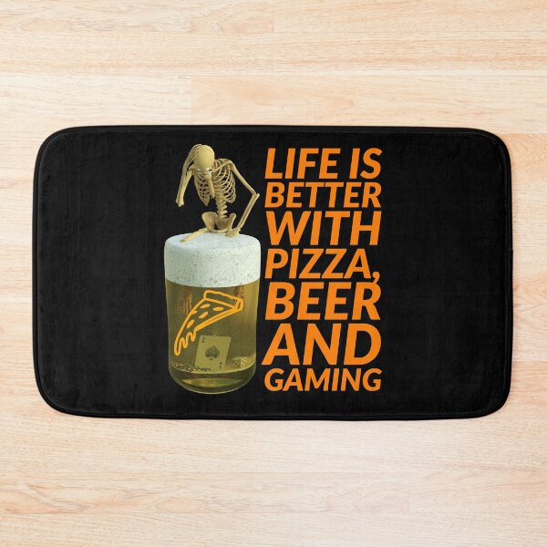 Item preview, life is better with pizza, beer and gaming. skeleton, ace of spade card pizza soaked in a glass of beer designed and sold by doctors-apparel.