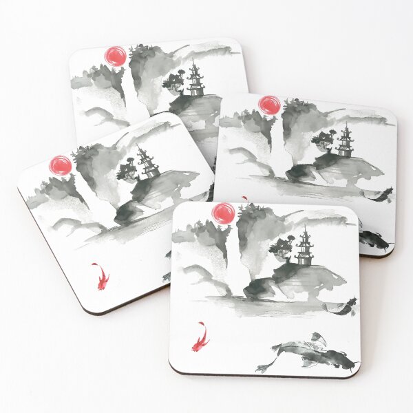 Item preview, Japanese art ink or sumi-e, Mountain landscape with Koi fish designed and sold by Hatomomox.
