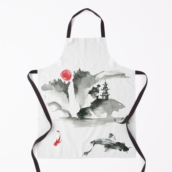 Item preview, Japanese art ink or sumi-e, Mountain landscape with Koi fish designed and sold by Hatomomox.
