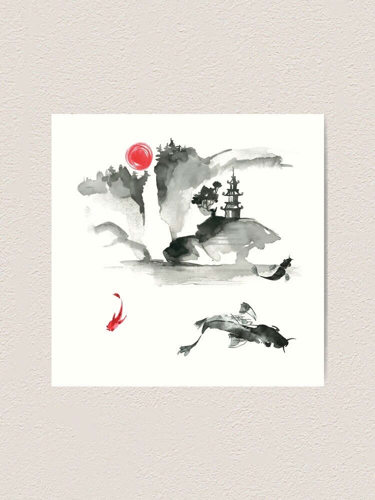 Minimalist Japanese Koi Fish Desk Mat, Sumi-e Suiboku-ga Style Art